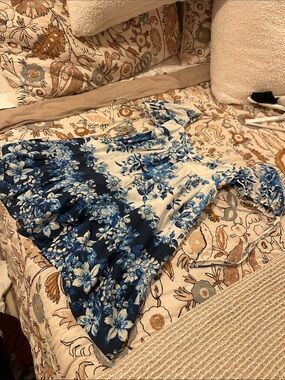 Blue and White Floral Mini Dress with Puff Sleeves